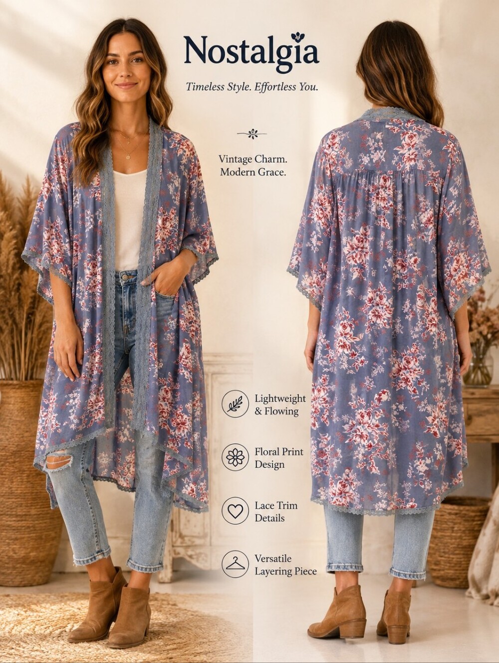 Nostalgia Floral Kimono Duster Blue Lace Trim Boho Open Front Cardigan Size L